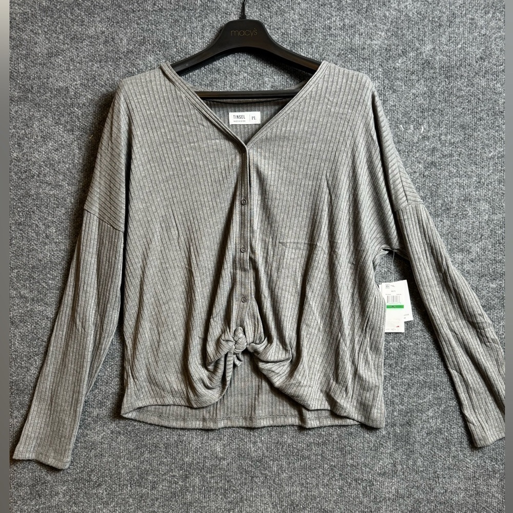 Tinsel Tie Front Grey Ribbed Button Down Long Sleeve Top -Size Petite Large, NWT